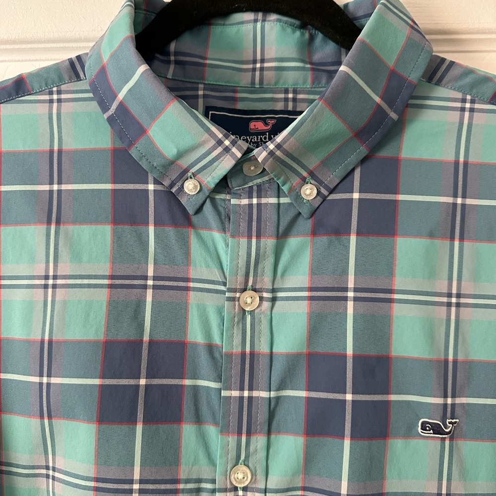 Vineyard Vines Men's Teal and Blue Tech Style Plaid Shirt